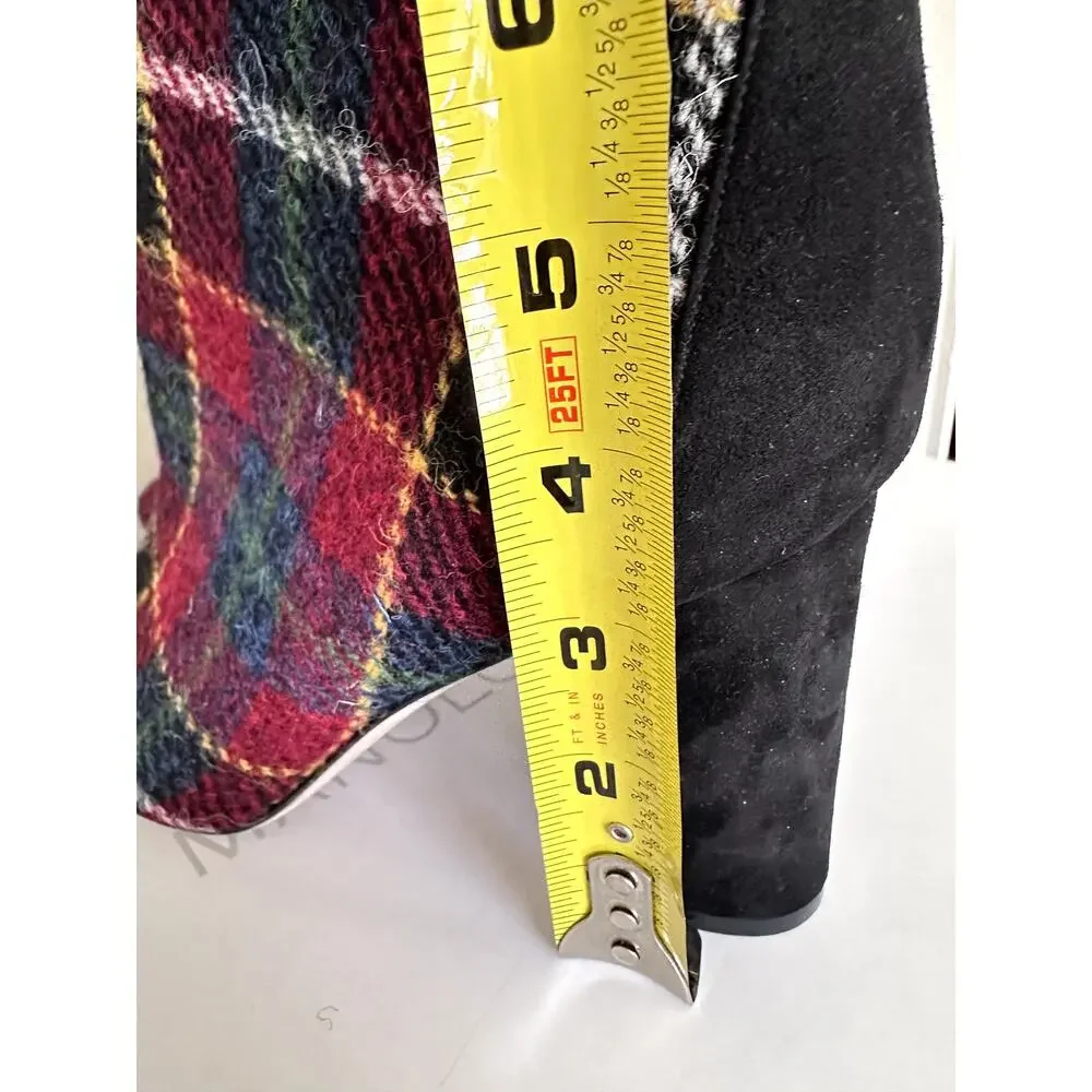 New Manolo Blahnik Boots Wool Plaid Multicolor Zipper Block Heel Size 37 Womens
